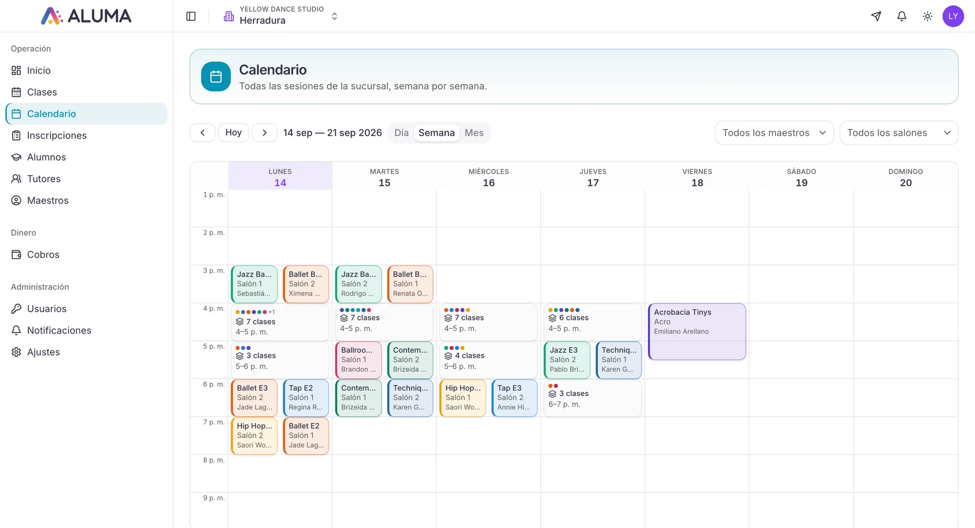 Calendario semanal de clases en ALUMA
