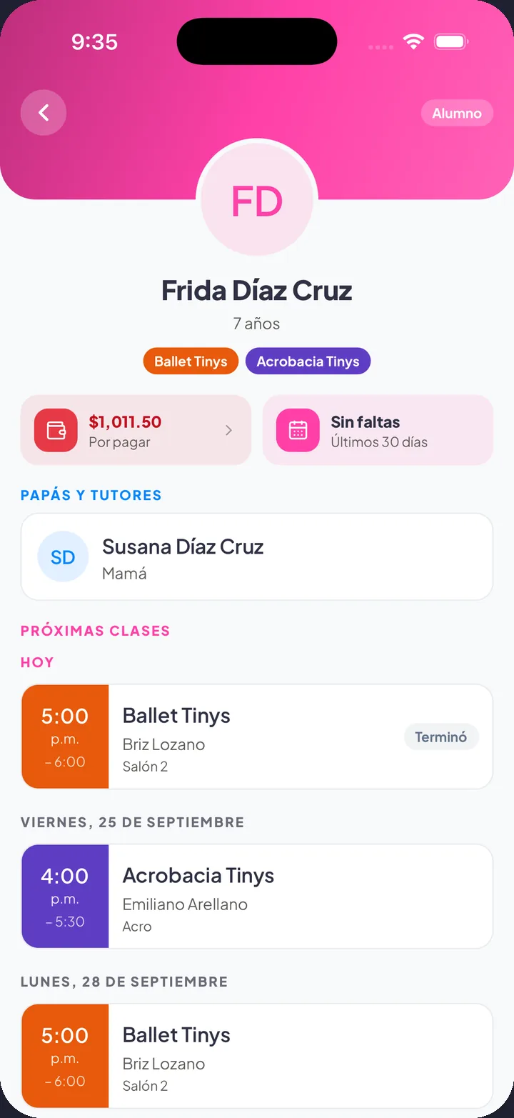 Ficha de un alumno en la app de ALUMA con sus próximas clases