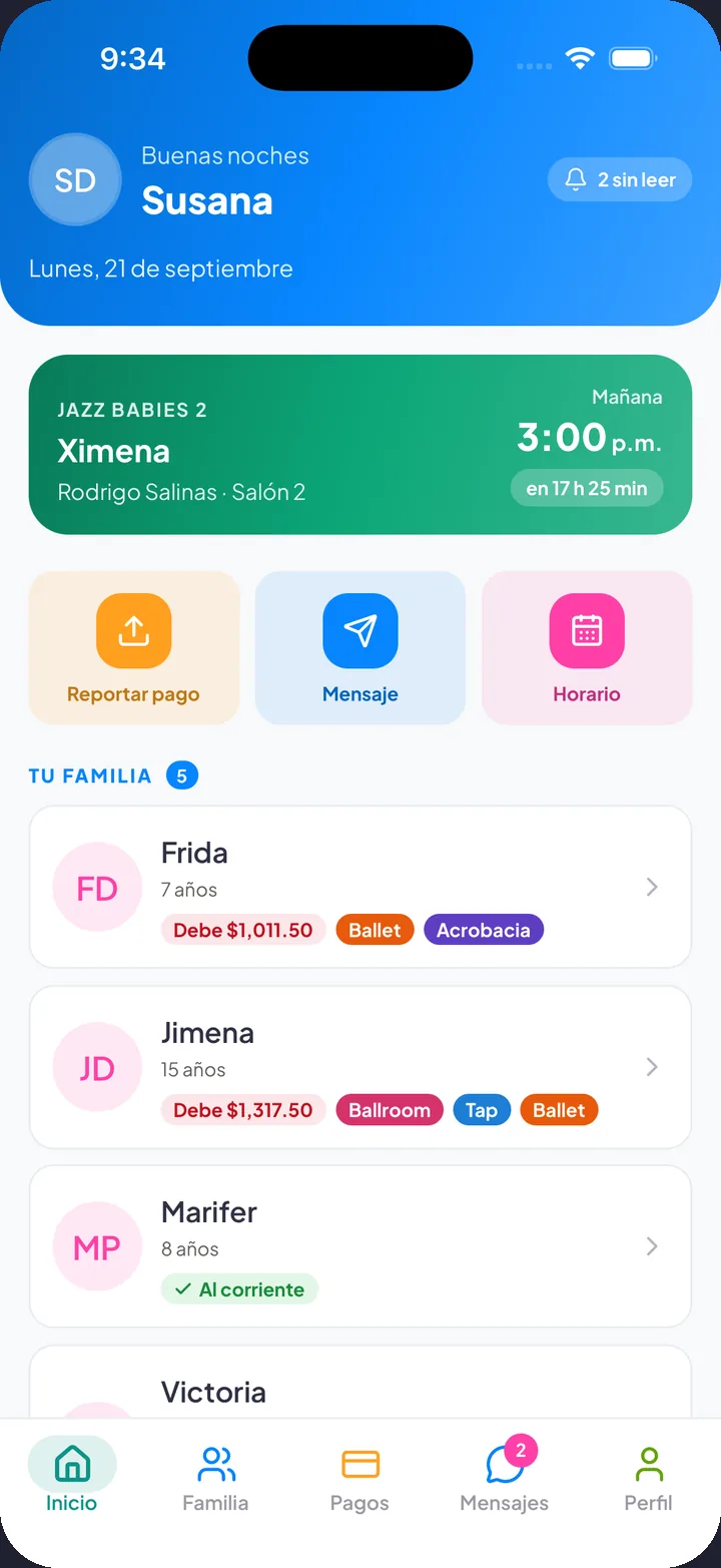 Inicio de la app de ALUMA para papás con la lista de hijos