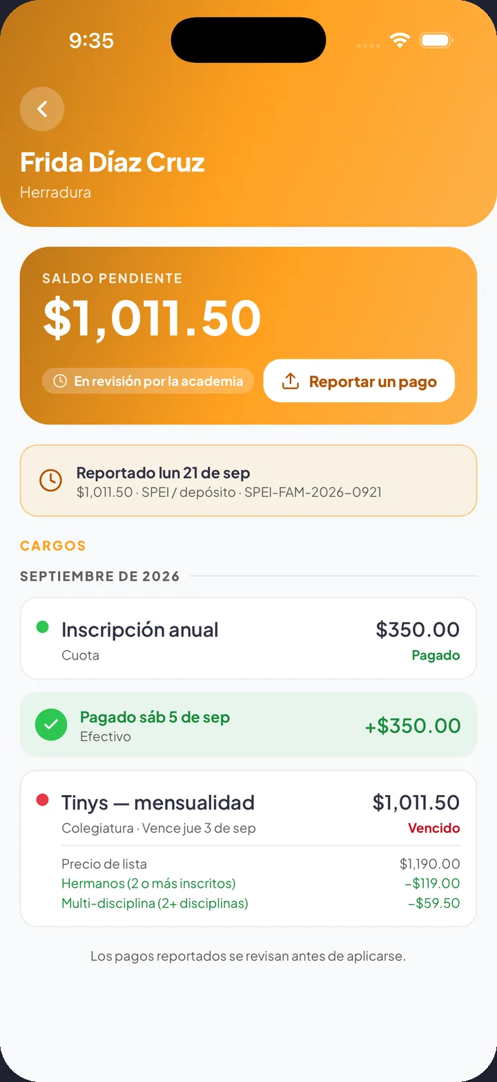 Estado de cuenta de un alumno en la app de ALUMA