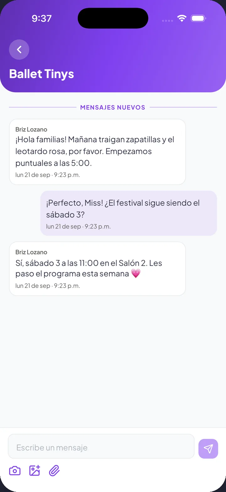 Conversación entre maestra y papá en la app de ALUMA
